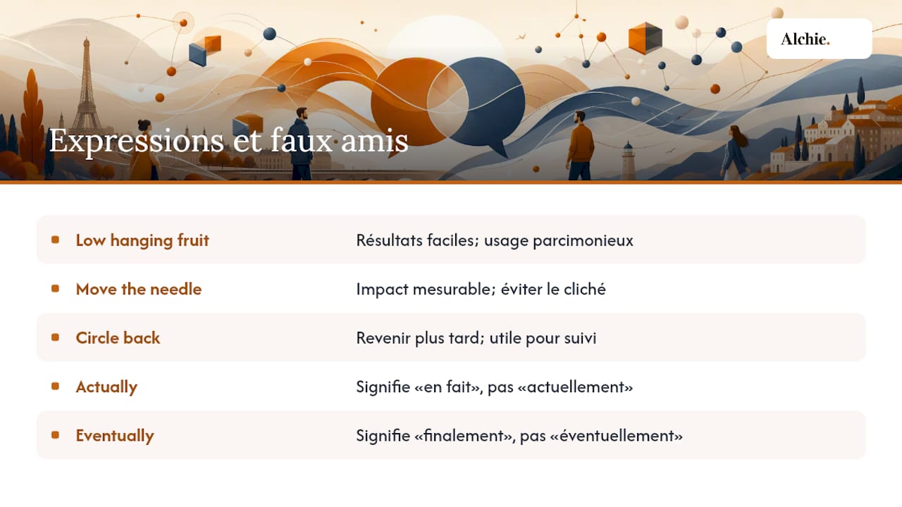 Schéma des expressions idiomatiques anglaises et des pièges d'usage