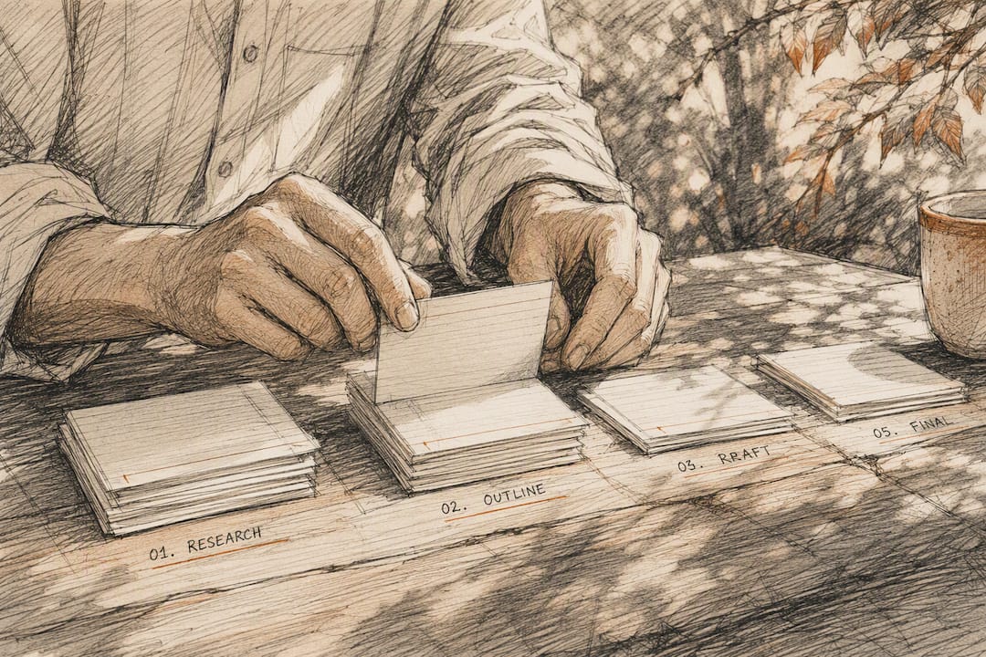 Mains triant des cartes de flux de travail sur un bureau rustique