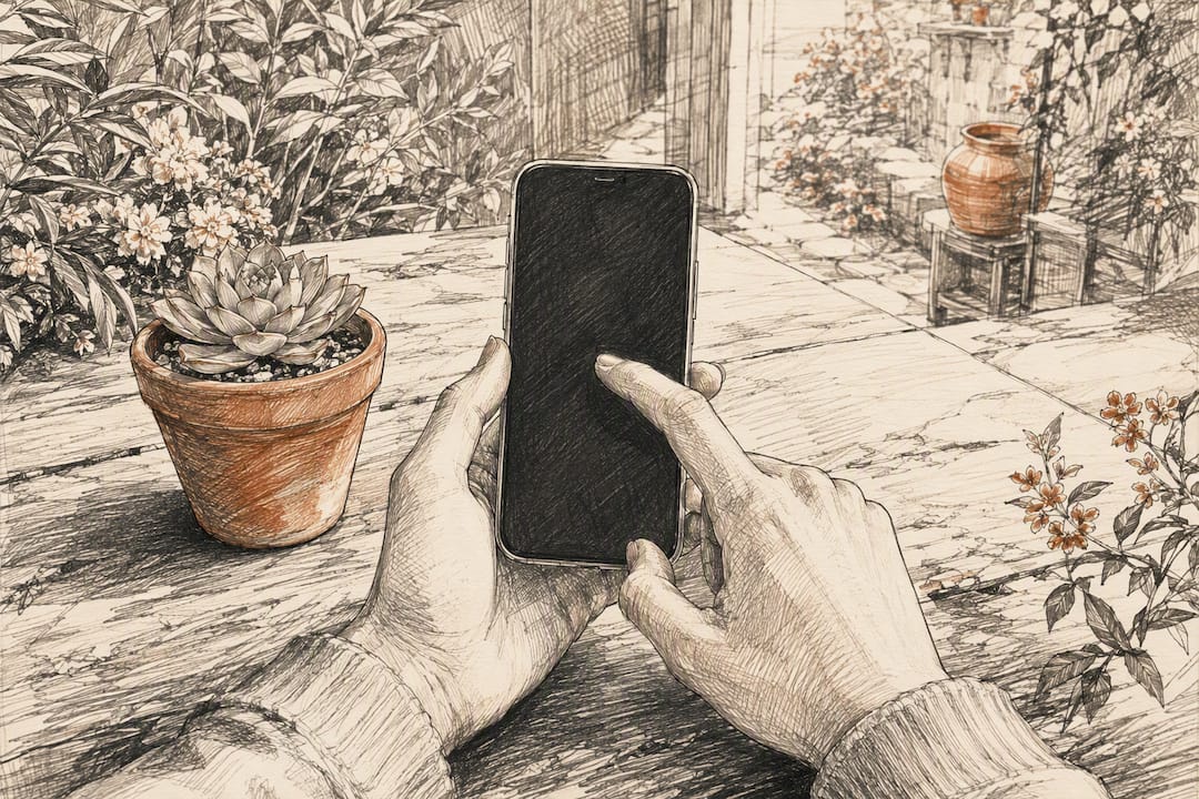 Mains faisant défiler des hashtags sur un smartphone