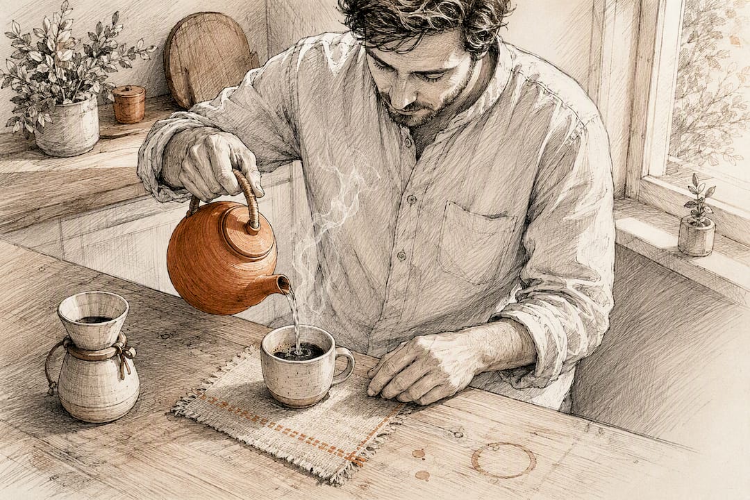 Mains versant de l'eau chaude dans une tasse sur un bureau en bois
