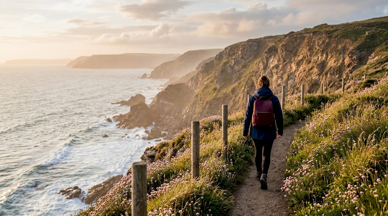 Hiker walking Devon coastal cliff trail