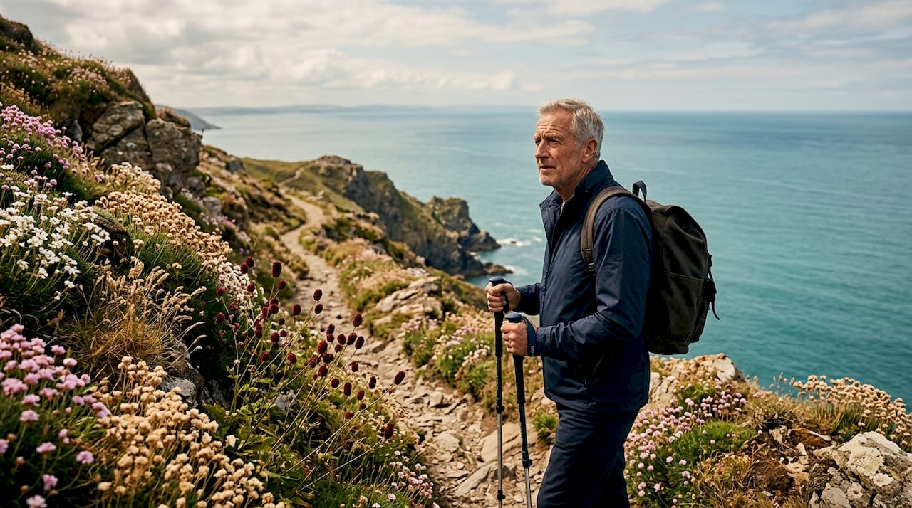 Hiker on rocky North Devon coastal path