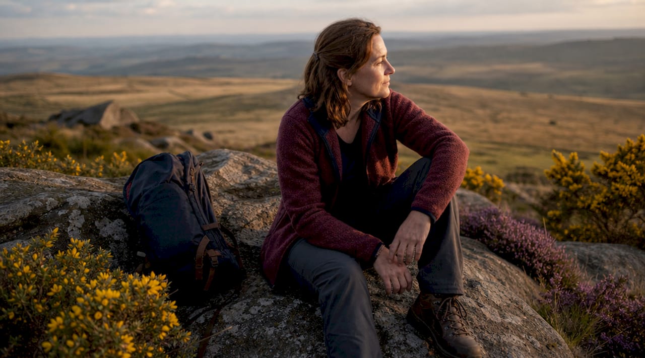 Woman resting on granite in Dartmoor National Park