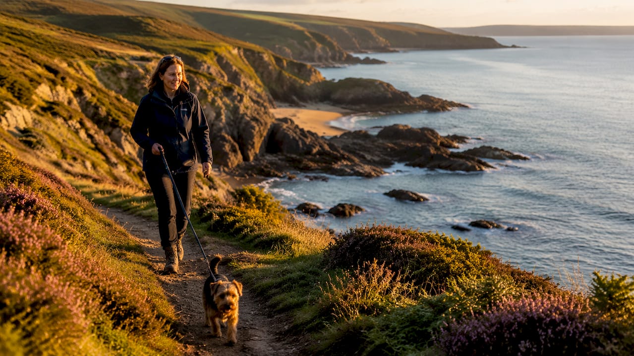 Woman walking dog on South Devon coastal path