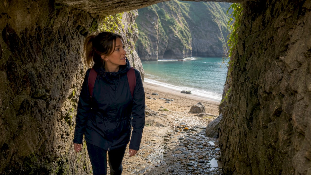 Dramatic Devon cliffs and coastline with hiker
