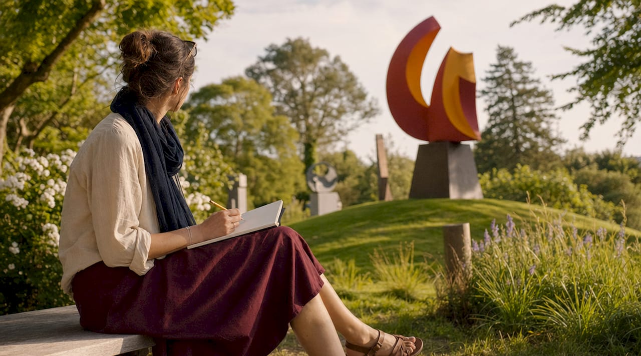 Visitor sketching art in Devon gallery