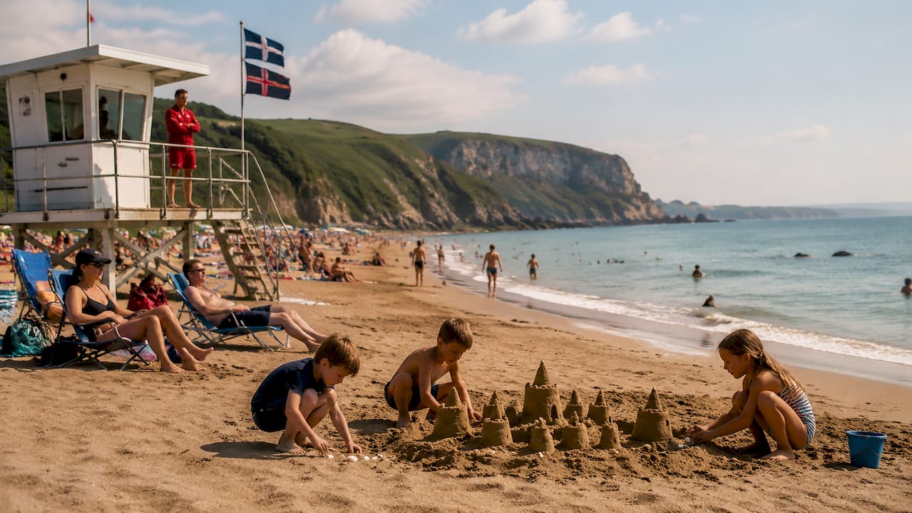 RNLI lifeguard watching families on Blue Flag beach