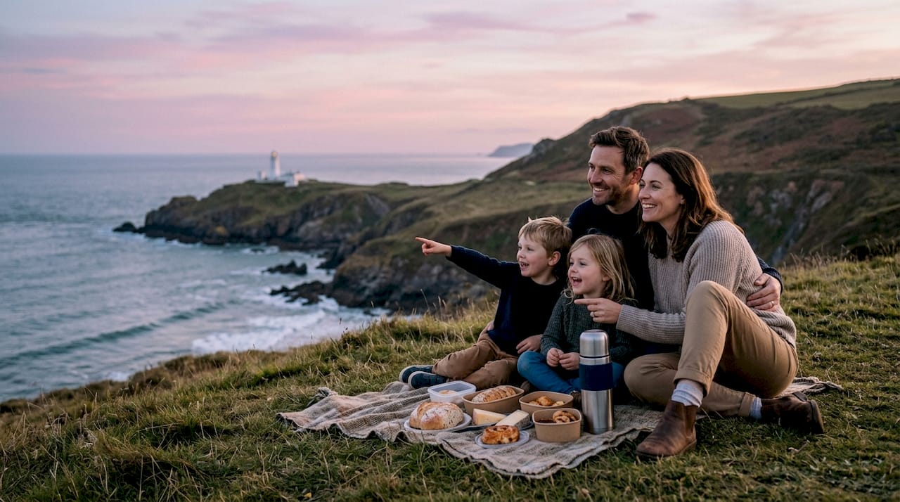 Family walking on South Devon beach at sunrise