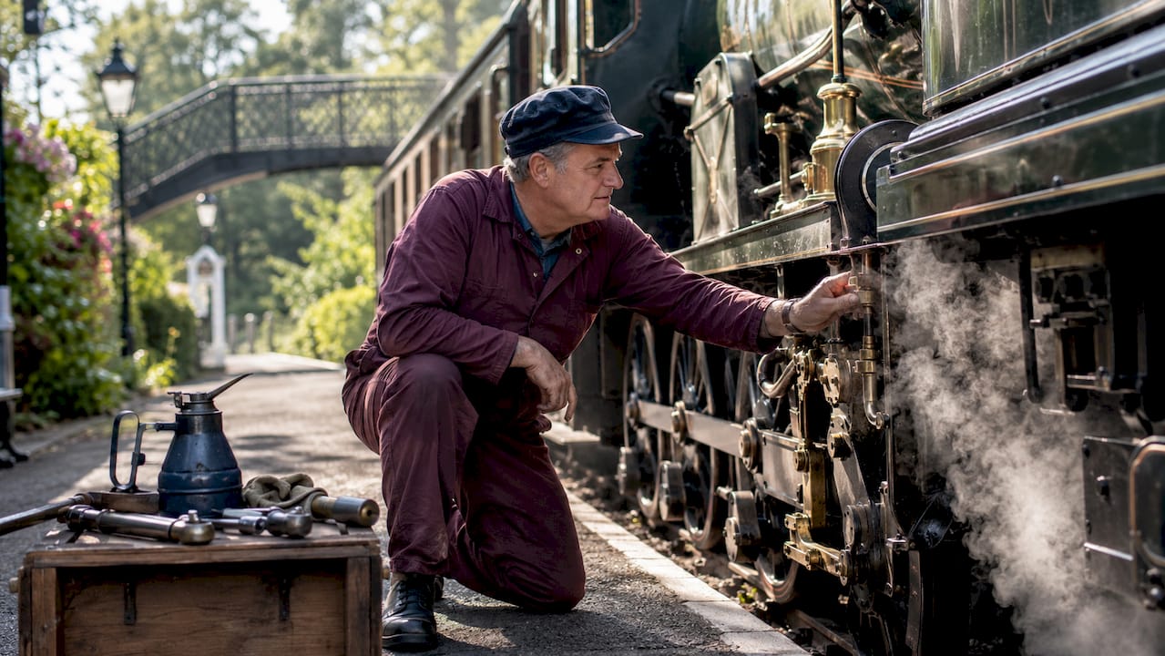 Engineer inspecting steam locomotive at station