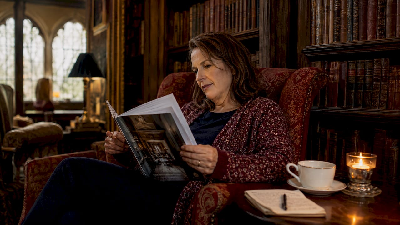 Guest reading history brochure in library