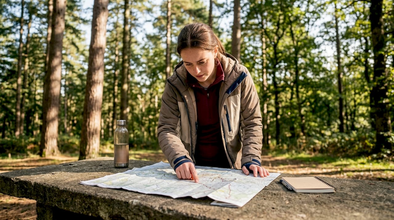 Woman planning hike with map in Devon countryside