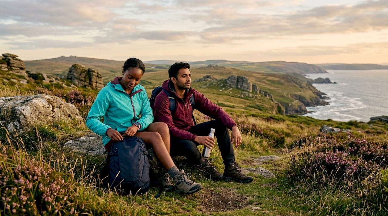 Group hiking with moorland and coastal views in Devon