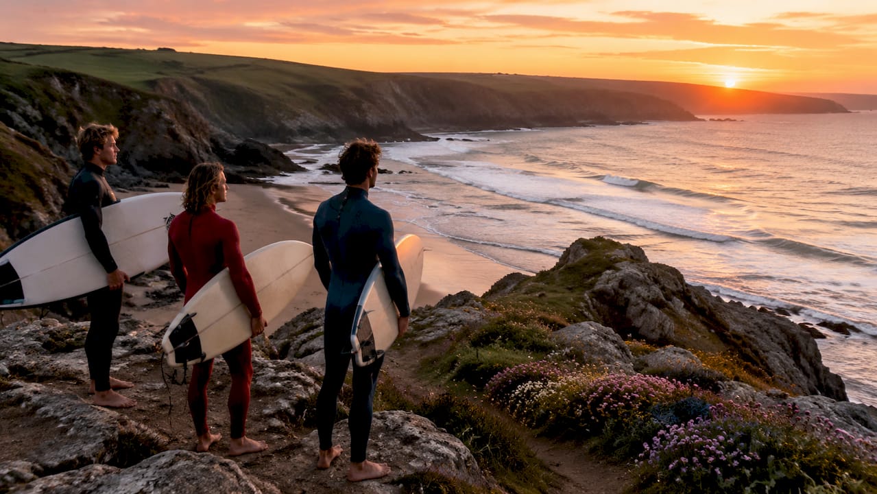 North Devon coastline with surfer at dawn