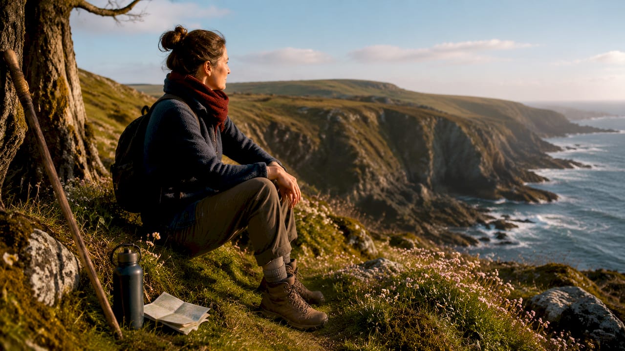 Hiker overlooking Dartmoor moorland from granite tor