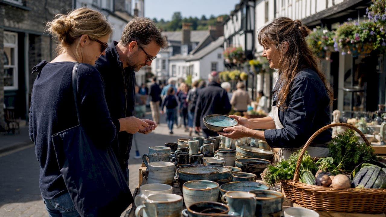 Historic market street in Totnes with shoppers
