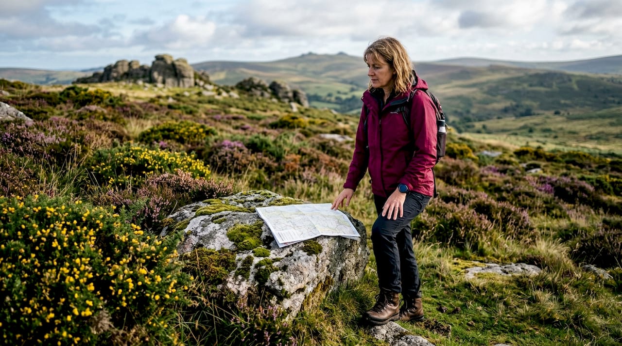 Hiker consulting map on Dartmoor trail