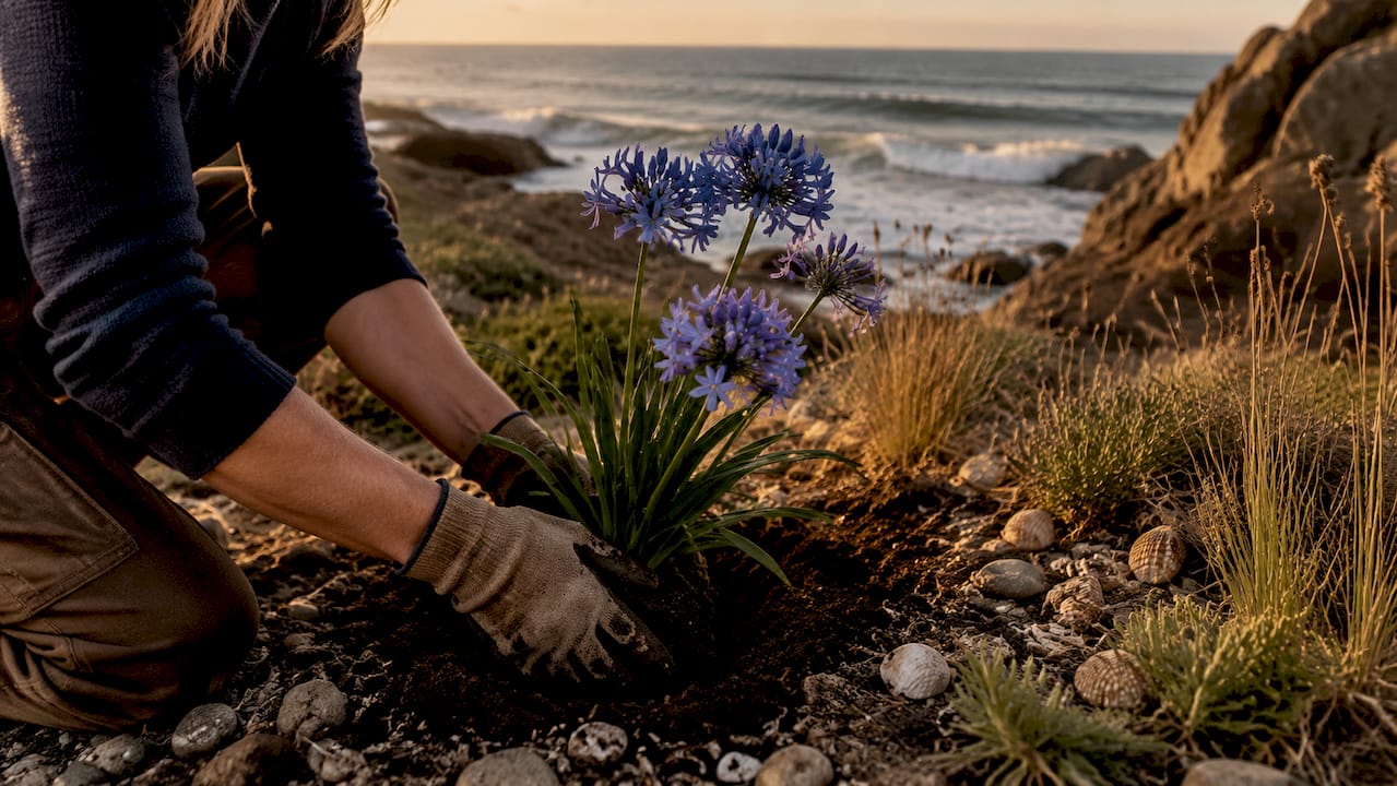 Gardener planting blue Agapanthus flowers outdoors
