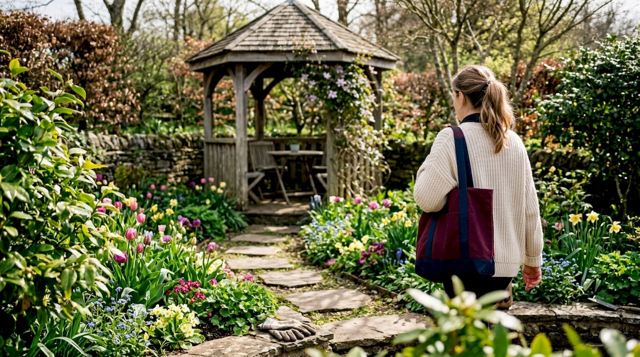 Wide view of a lush Devon garden in coastal countryside