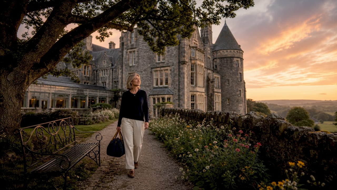 Luxury Devon hotel exterior with garden pathway