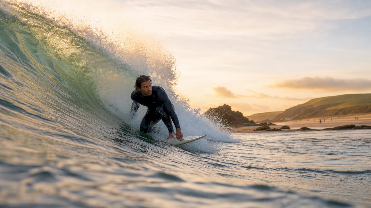 Surfer riding a wave at Croyde beach