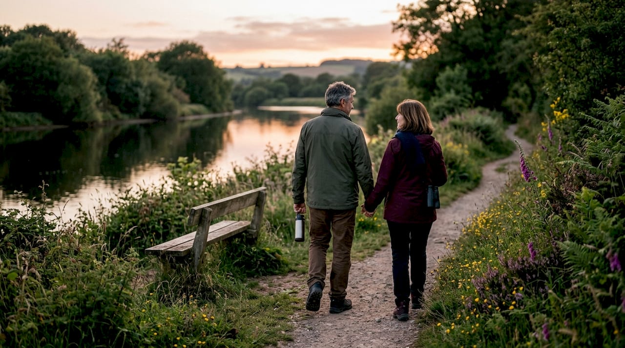 Couple birdwatching along River Otter trail
