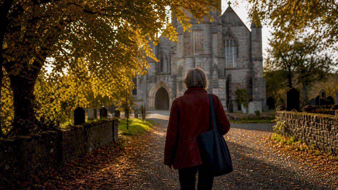 Visitor walking path to historic church exterior
