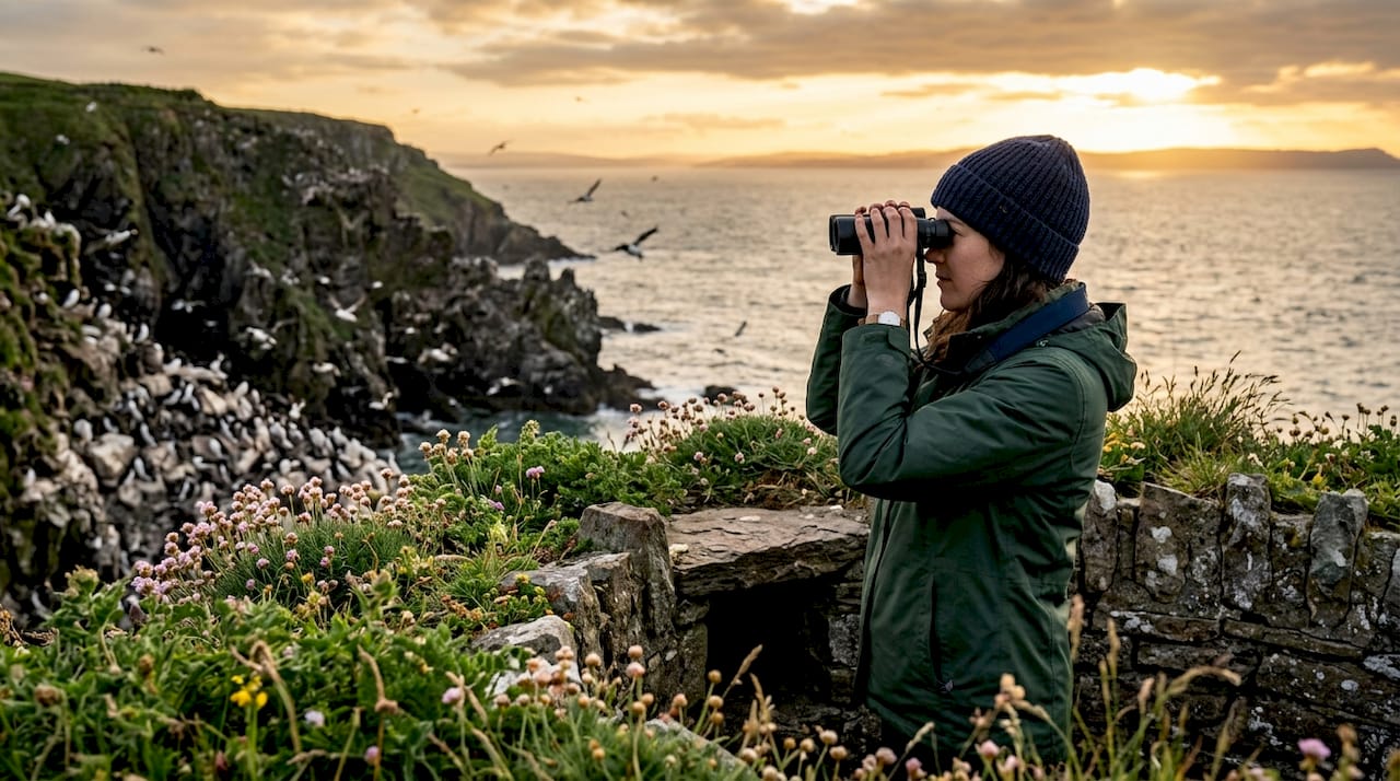 Wildlife watcher observing seabirds from hide