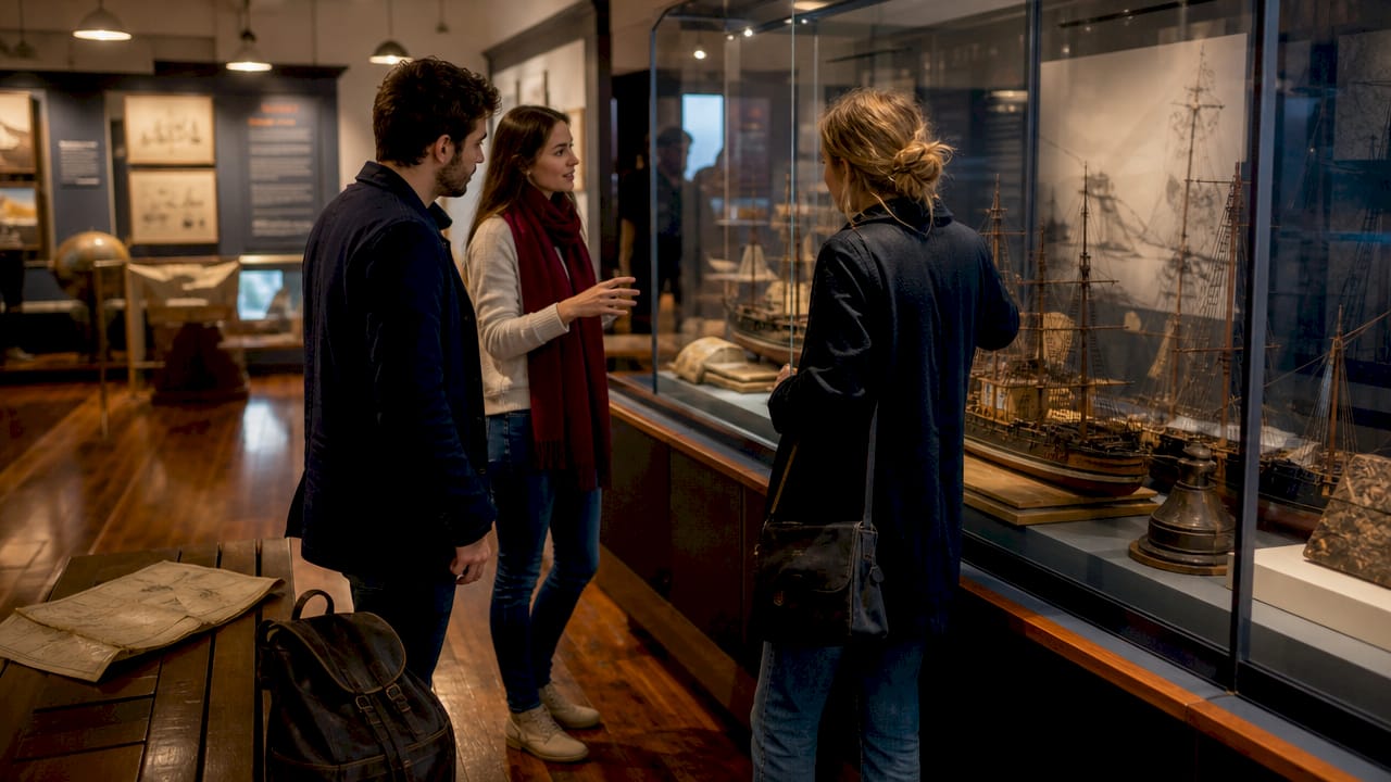 Visitor examining Plymouth museum exhibit