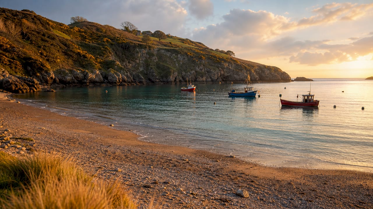 English Riviera coastline with boats and cliffs