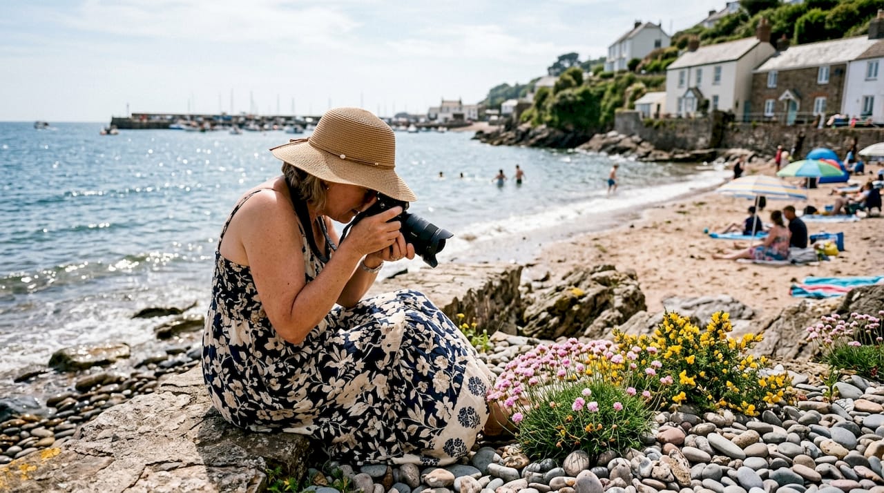 Woman photographing flowers on Riviera beach bench