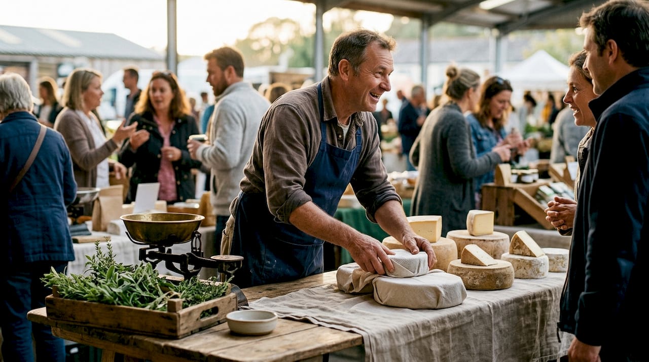 Cheese vendor arranging cheese at Devon market stall
