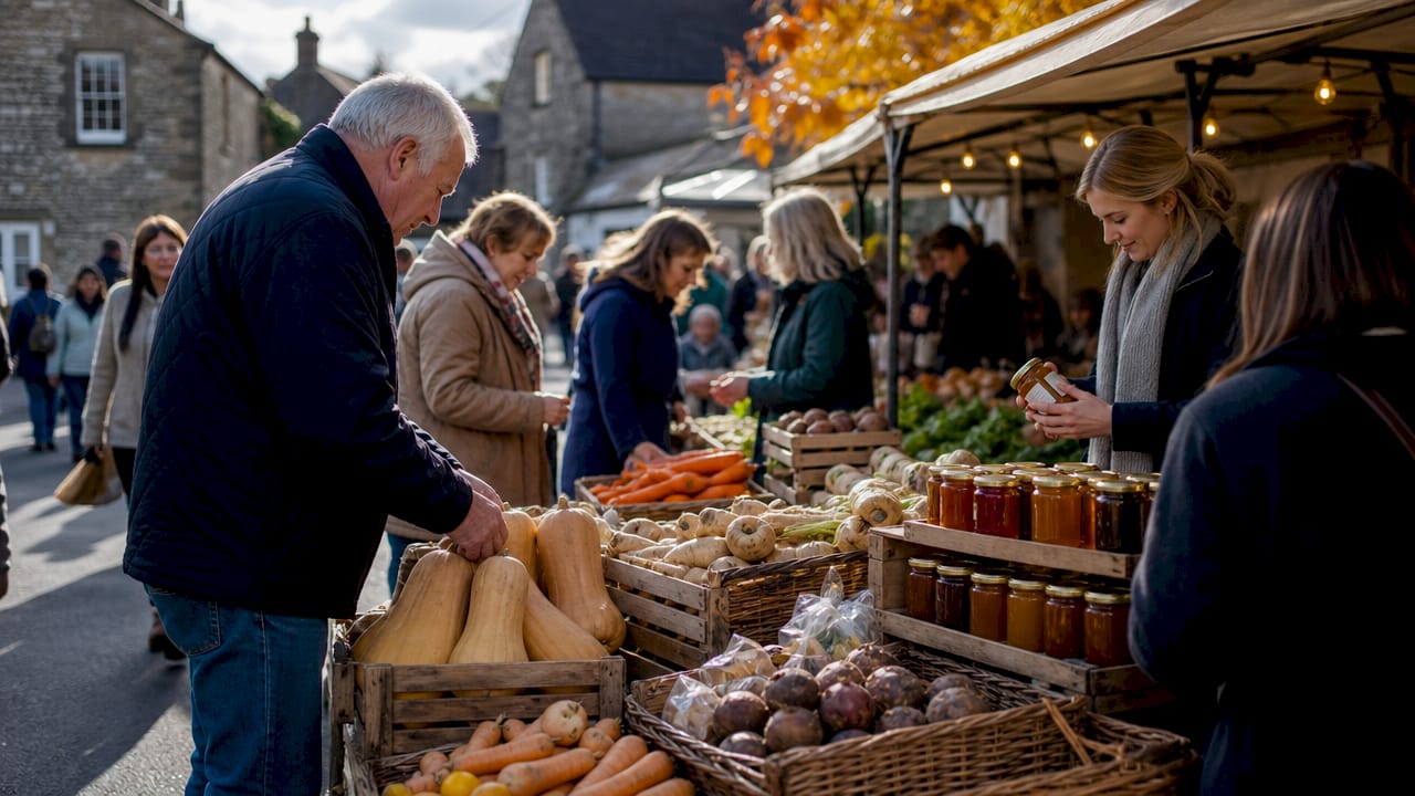 Outdoor Devon farmers market with stalls and shoppers