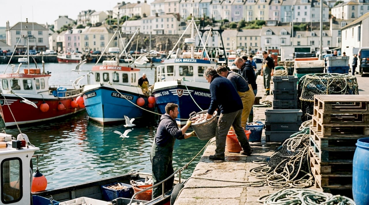 Fishing boats and quayside at Brixham harbour dawn