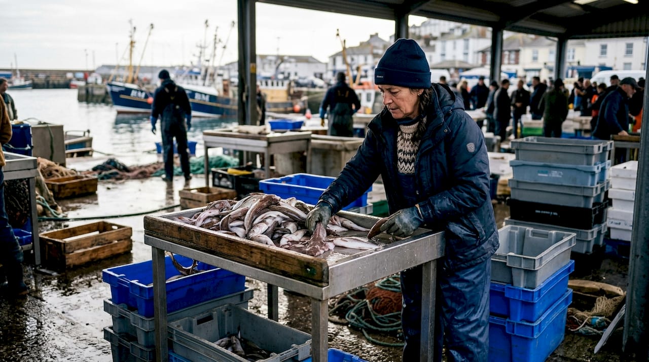 Fisherwoman sorting fish at Brixham market auction