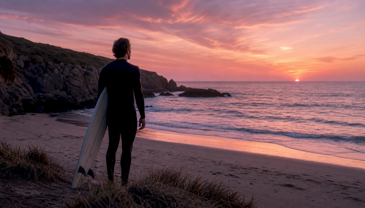 Surfer walking on Devon coast at sunrise