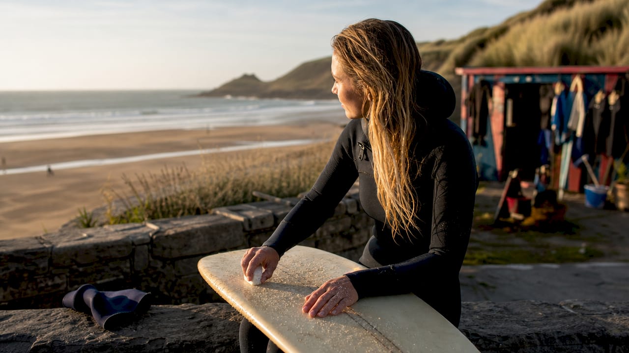 Surfer waxing board by North Devon beach hut