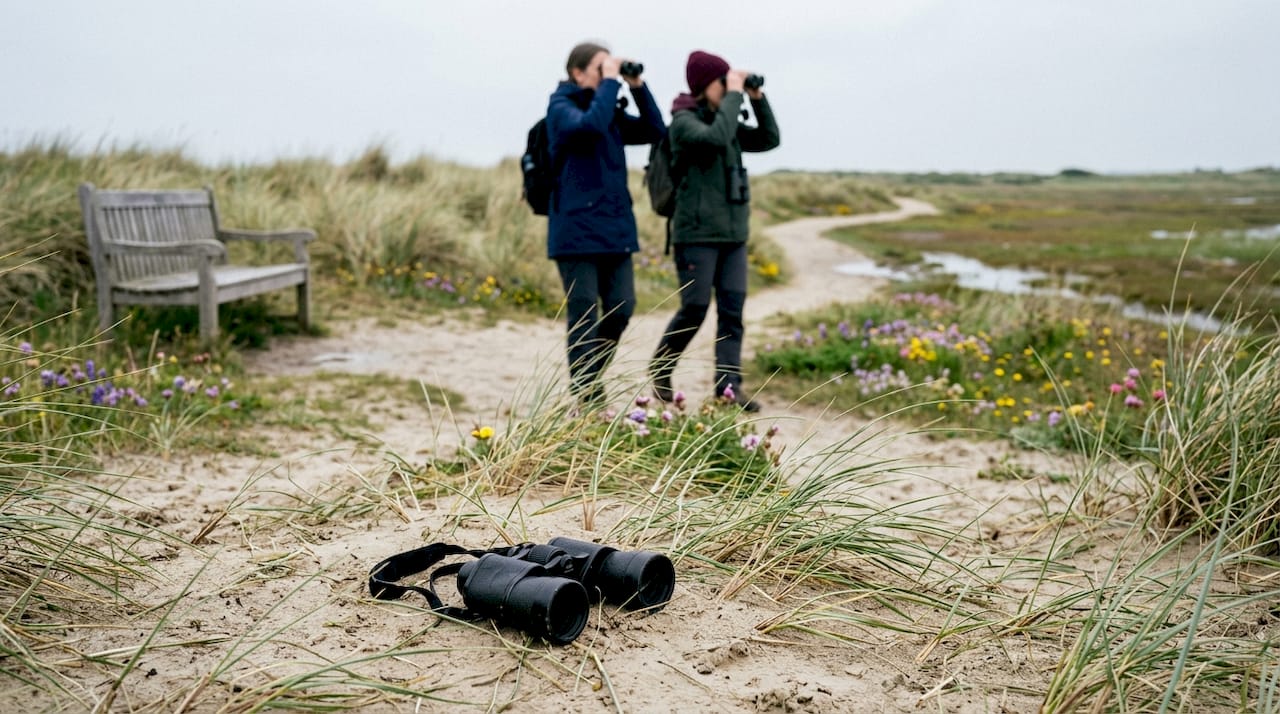 Visitors birdwatching at Dawlish Warren dunes