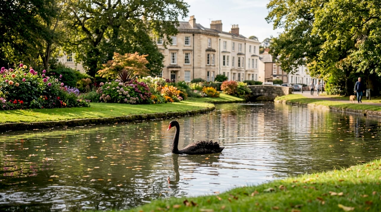 Black swans swimming in Dawlish brook