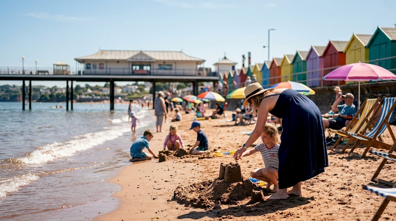 Seaside view of Paignton town promenade and beach