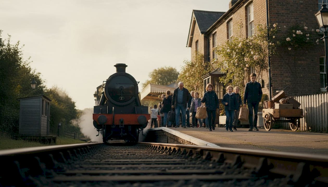 Passengers boarding heritage steam train at station