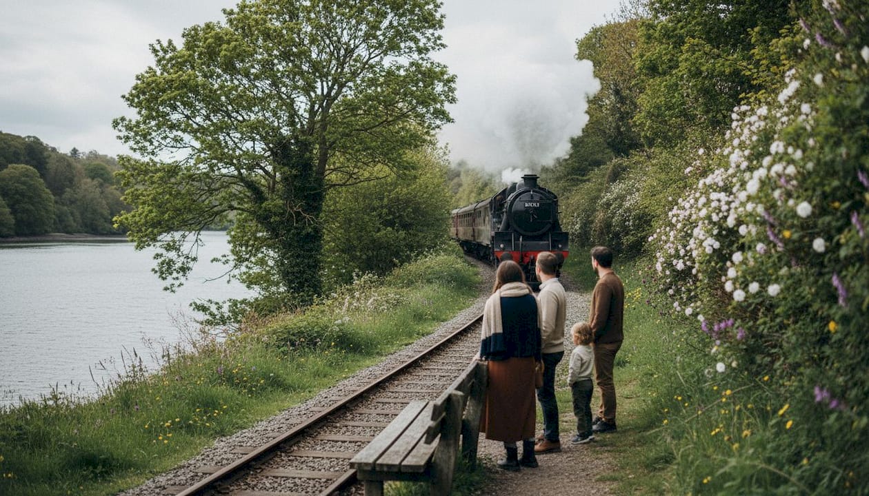 Steam train running along River Dart estuary