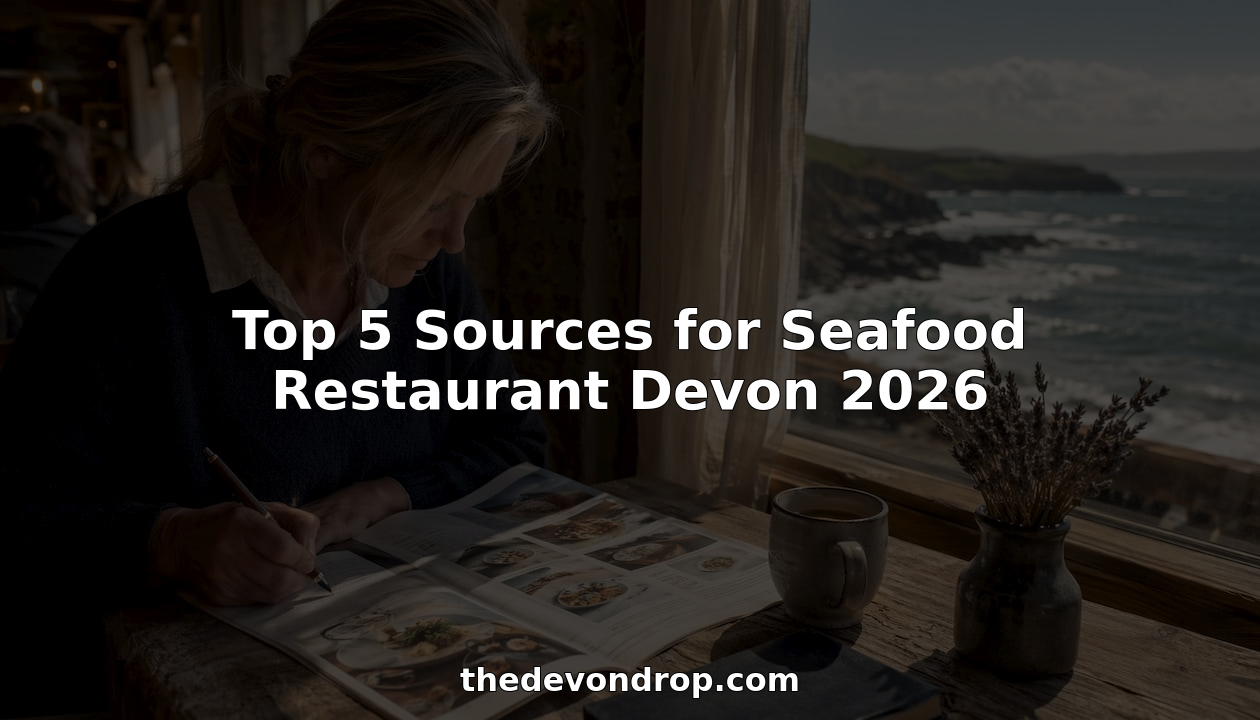 Woman reading seafood guide in coastal Devon café