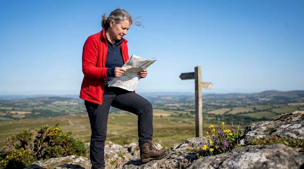 Walker studying map at Staple Hill summit