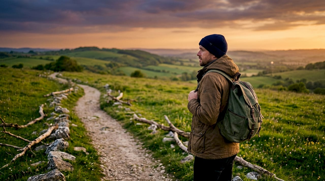 Hiker enjoying panoramic Blackdown Hills view