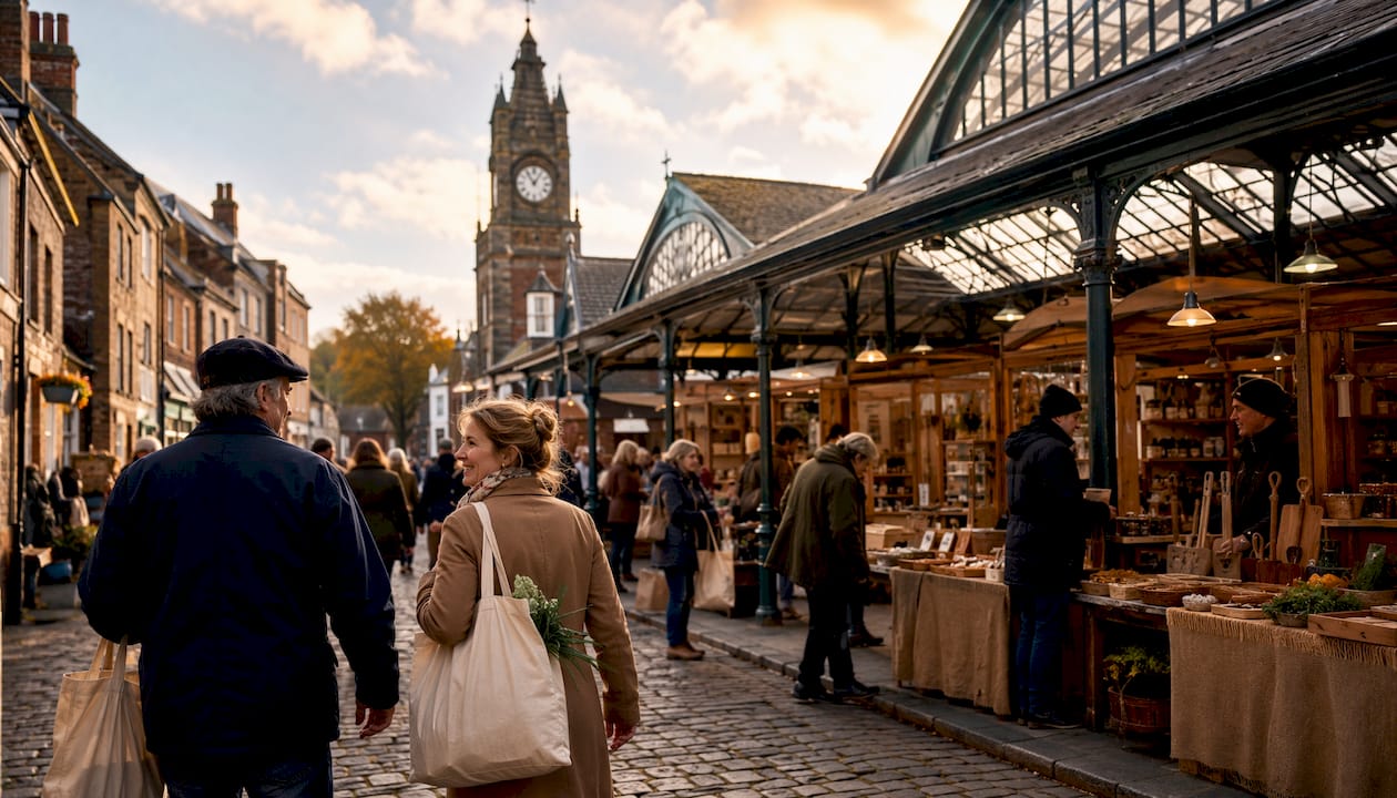 Historic South Molton market town morning scene
