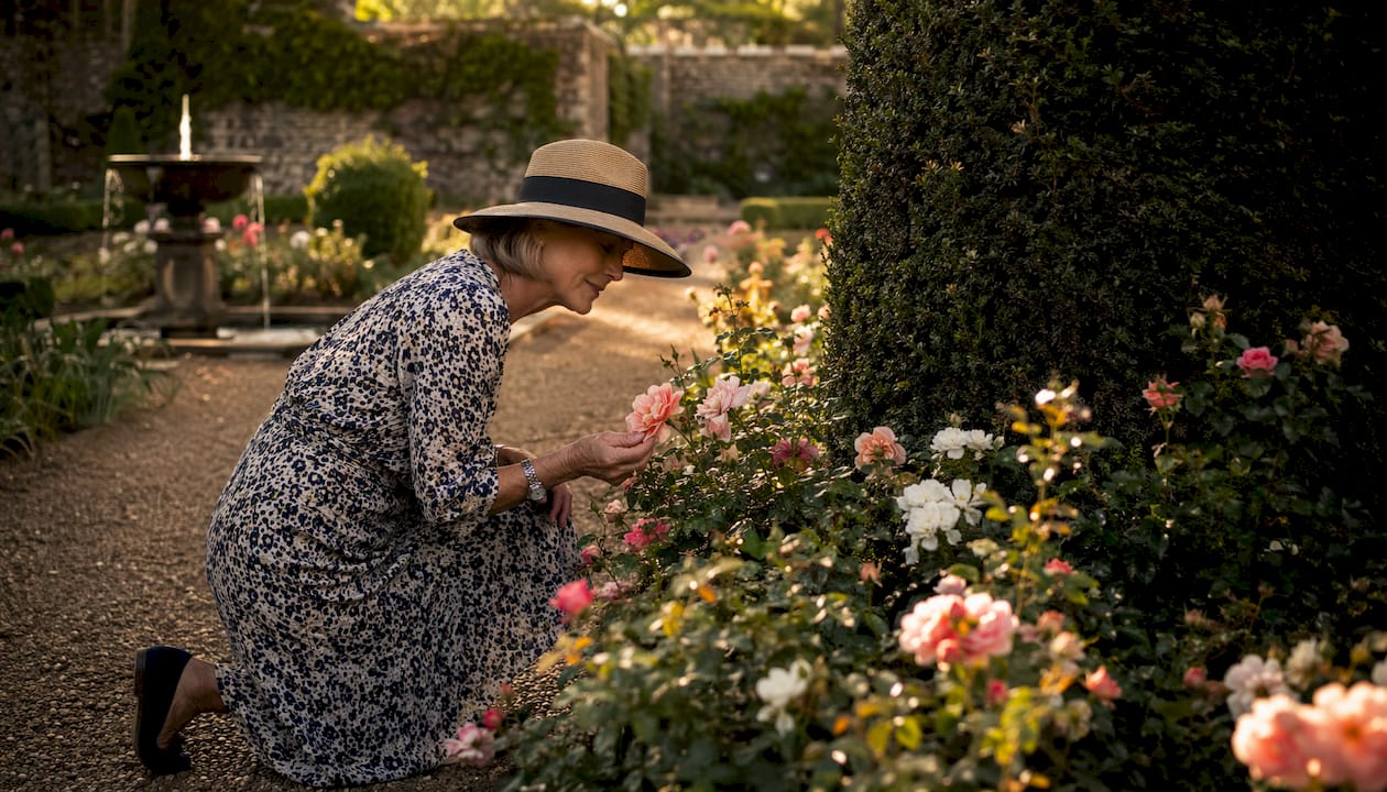 Visitor admiring Castle Drogo formal gardens