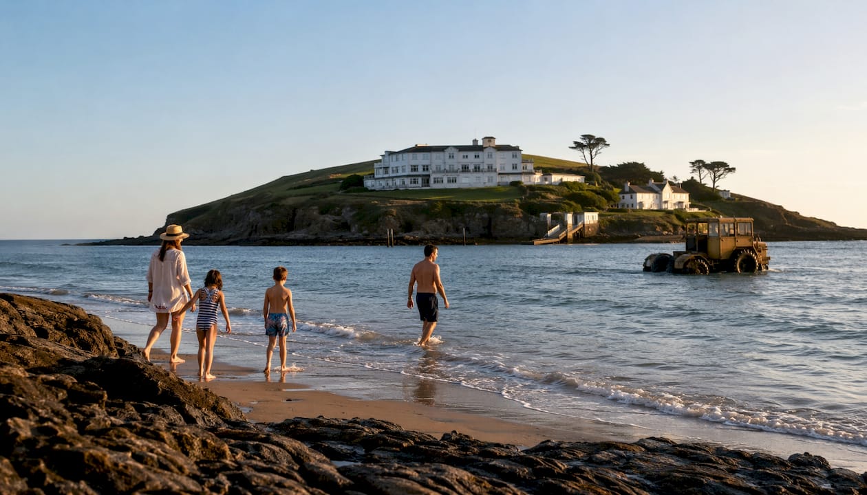 Wide view of Burgh Island and hotel at low tide