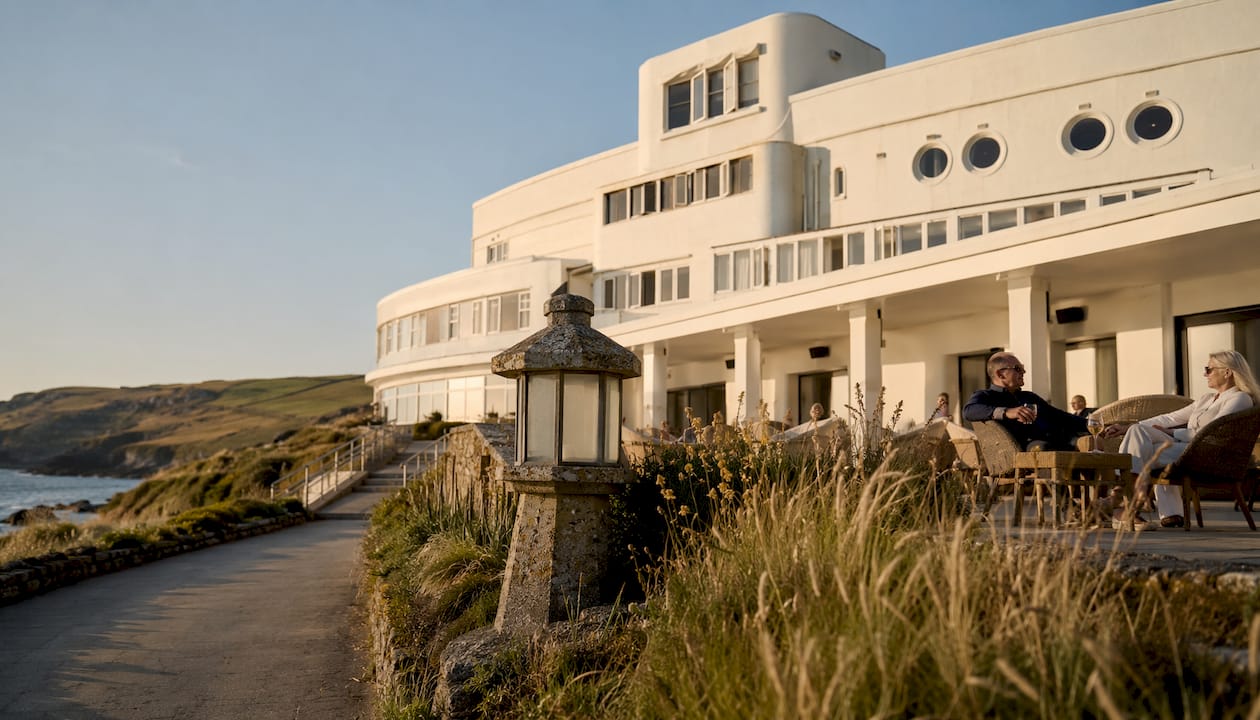 Side view of Art Deco Burgh Island Hotel exterior