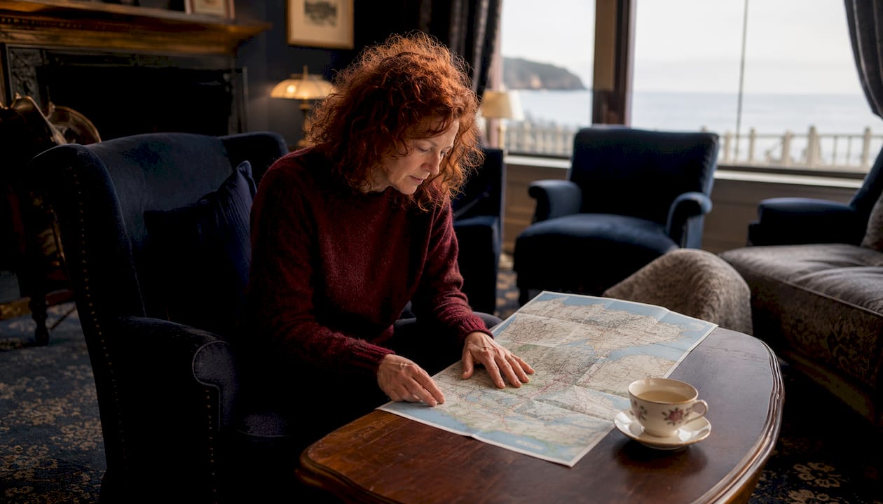 Woman planning visit in cozy Teignmouth cafe