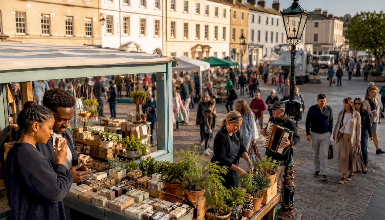 Teignmouth outdoor market with diverse visitors